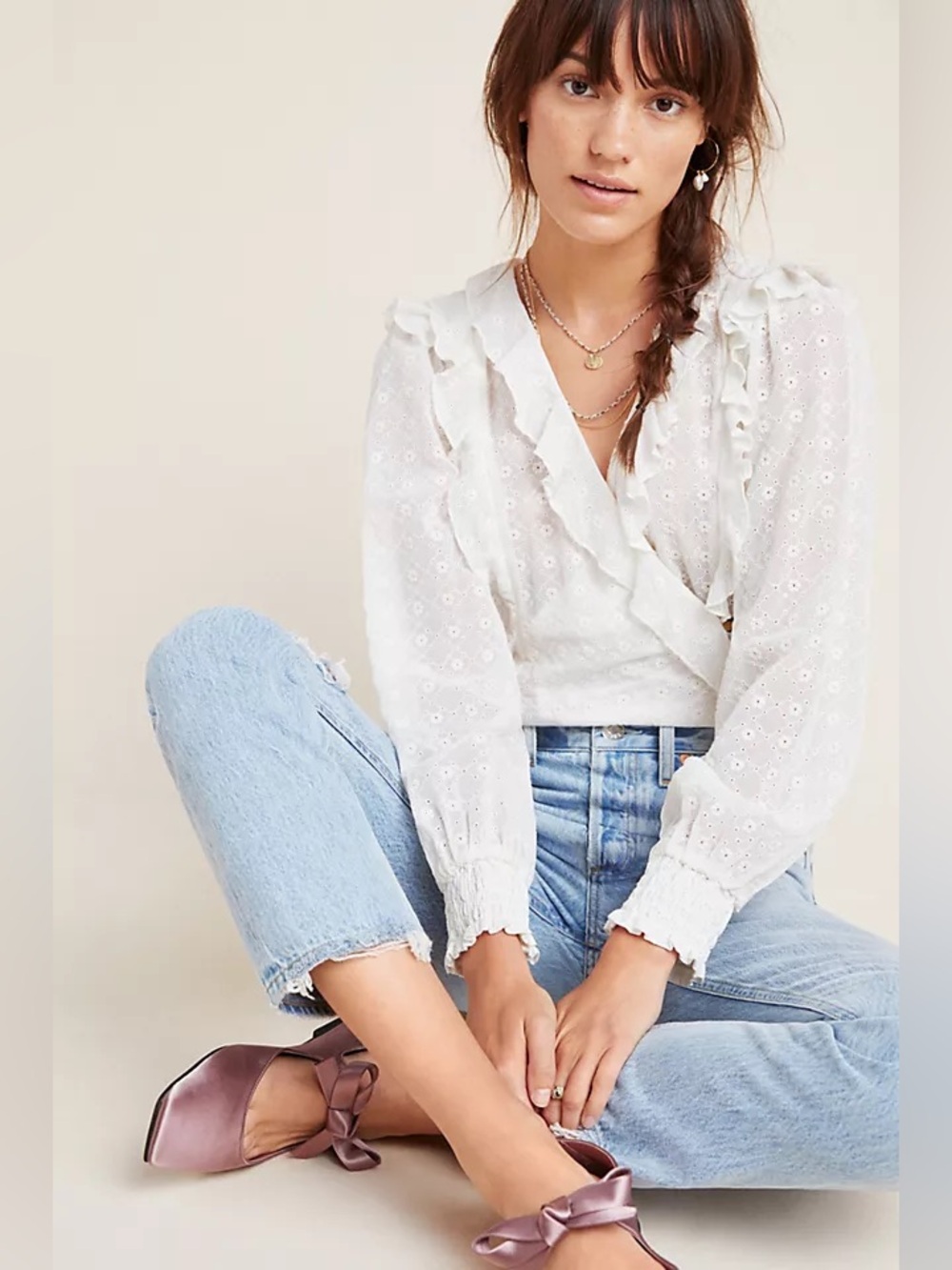 Maeve by Anthropologie White Eyelet Ruffle Wrap Blouse - Women
